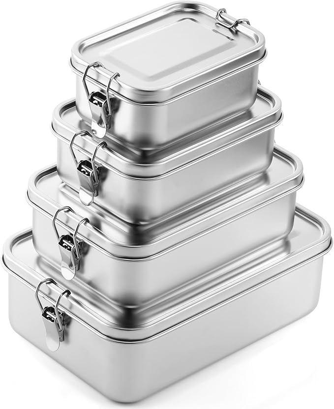 Umigy 4 Pcs Stainless Steel Food Containers 550/850/1400/2400 ml Metal Bento Lunch Box Stainless Steel Food Storage Containers, Lockable Clips to Leak Proof, Reusable Dishwasher Snack Boxes for Work