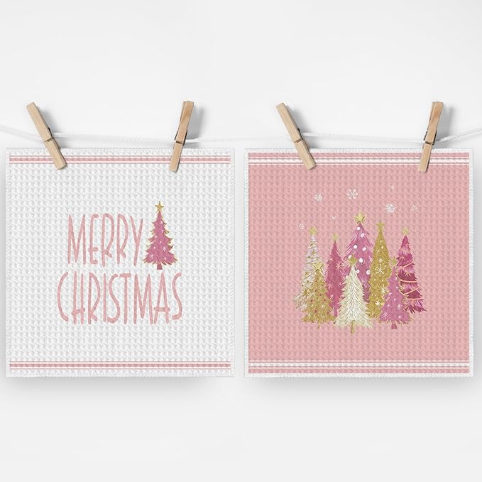 Artoid Mode Pink Star Xmas Tree Merry Christmas Kitchen Dish Cloths, 12x12 Inch Quick Dry Microfiber Dishcloths for Kitchen Dish Rags Set of 2