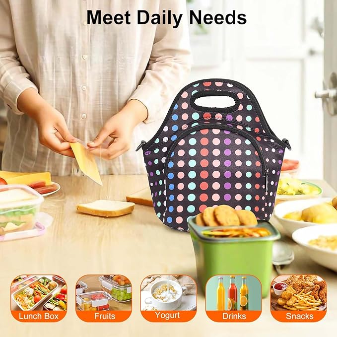 CILLA Neoprene Lunch Bag for Women Insulated Lunch Tote Bags Washable Lunch Container Box Picnic Lightweight Meal Prep Bags(Small Colored Dots+)