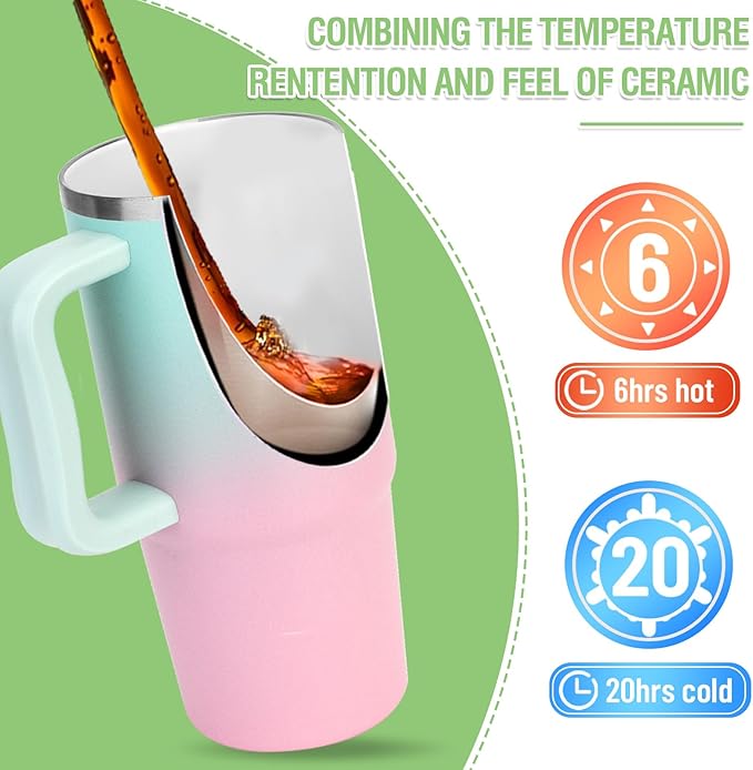 Zukro 24 oz Ceramic Lined Insulated Tumbler with Handle and Straw, No Metal Taste or Smell, Travel Coffee Mug with Spillproof Lids, No Sweat Stainless Steel Cup, Dishwasher Safe, Pink