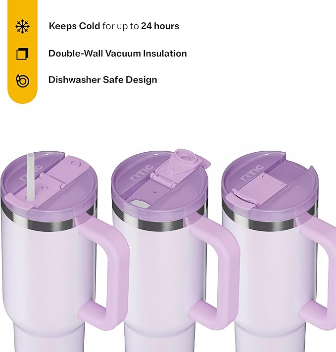 RTIC 40 oz Road Trip Tumbler Double-Walled Cermaic Lined Insulated Stainless Steel Portable Travel Coffee Mug Cup with Lid, Handle and Straw, Lavender Glitter
