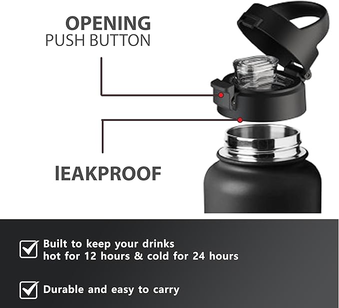 32oz Insulated Water Bottle with Straw & Handle- 24hr Cold/12hr Hot, Leakproof Stainless Steel Metal Bottle for Gym, Travel & Sports