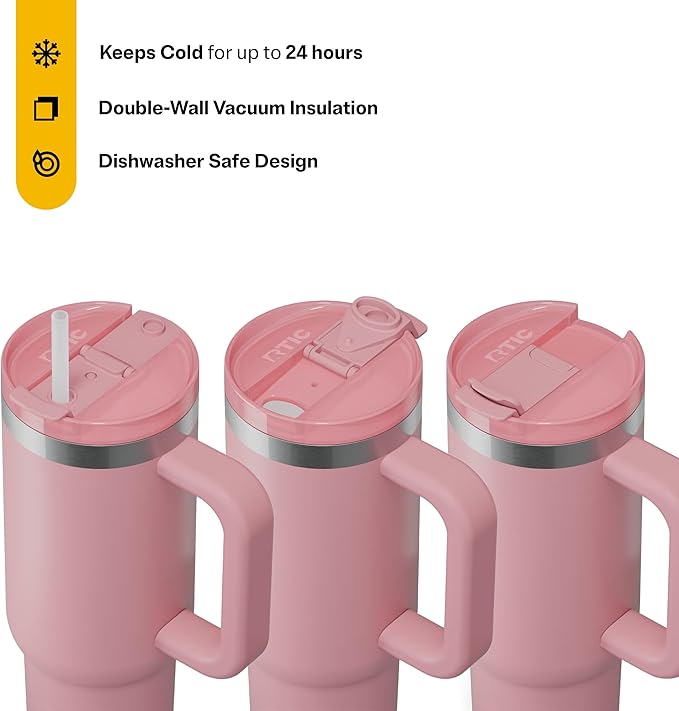 RTIC 30 oz Road Trip Tumbler Double-Walled Ceramic Lined InsulatedStainless Steel Portable Travel Coffee Mug Cup with Lid, Handle and Straw, Dusty Rose