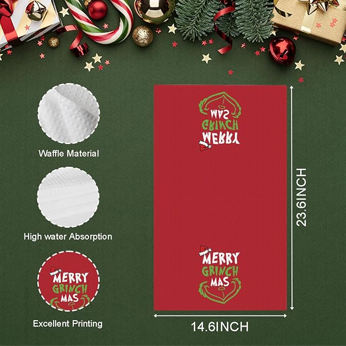 Christmas Kitchen Towels Set of 2,Funny Christmas Decor, Green Mas Red Santa Snowflake Hand Drying Baking Cooking Cloth, Winter Holiday Xmas Decor Home Decorations 14 x 23 Inches