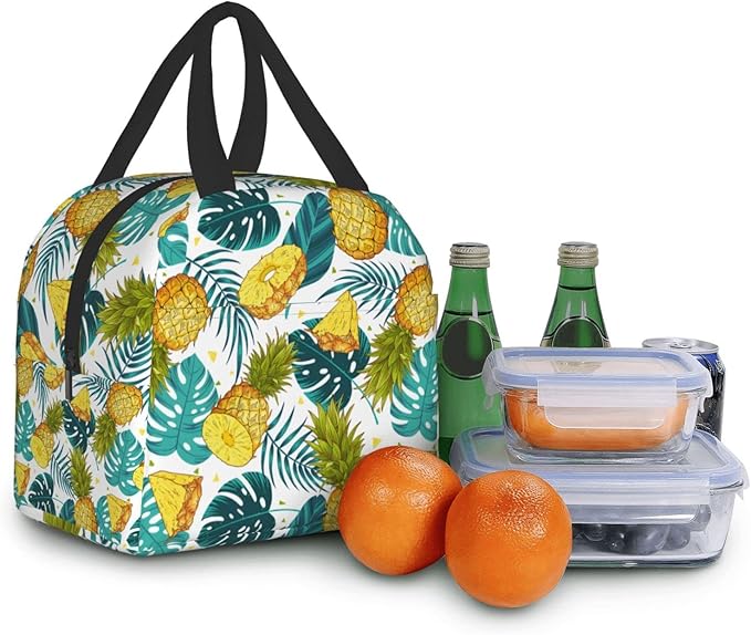 Pineapples Insulated Lunch Bag with Front Pocket,Reusable Cooler Tote with Zipper Use for Men & Women Camping/Hiking/Picnic/Beach/Travel