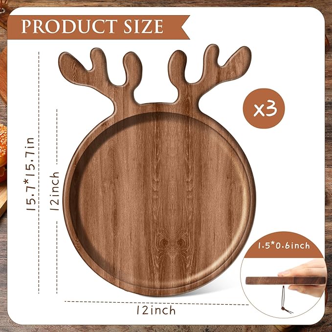 3 Pcs Christmas Appetizer Platter 12 Inch Cutting Board Acacia Serving Trays Wood Charcuterie Board Tray Snack Dessert Candy Dish Plate for Kitchen Gifts (Deer Antler)