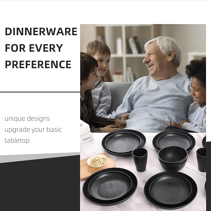 Black Plates and Bowls Sets for 8,Wheat Straw Dinnerware Sets Black Plastic Reusable Dishwasher Safe for Kitchen Halloween Camping,32 Pcs Lightweight Unbreakable Plastic Dishes Set Outdoor