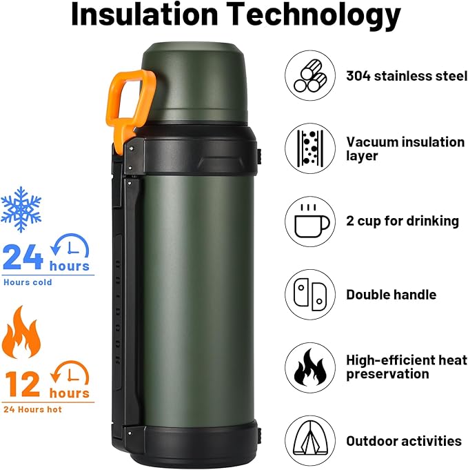 88oz Large Coffee Thermo for Travel, 2500ml Insulated Stainless Steel Water Bottle with Cup and Handle, Water Jug for 24hr Hot and Cold drinks, Vacuum Flask for Camping, Fishing & Working, Olive