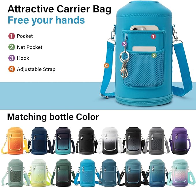 1 Gallon Water Bottle Insulated | Thickened Stainless Steel Vacuum Metal Water Jug | Portable Sports Large for Gym and Hiking with Straw, Carrier Bag, Handle Strap | BPA-Free 128 oz