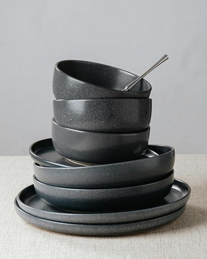 Famiware Milkyway Plates and Bowls Sets, 18 Pieces Dinnerware Sets, Reactive Glaze Dish Set, Stoneware Dishes Set for 6, Matte Dark Charcoal