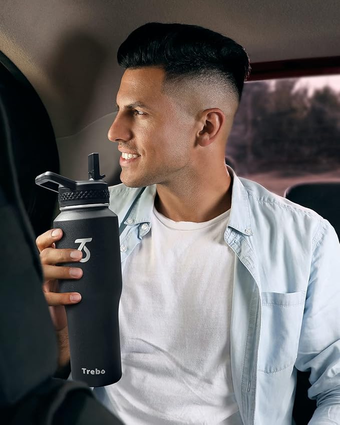 Trebo 32 oz Water Bottle Insulated Fit in Any Car Cup Holder,Triple Wall Vacuum Stainless Steel Water Bottles (Keep Cold for 48 Hrs),Leakproof Tumbler Flask with Paracord Handle,Straw Spout Lids