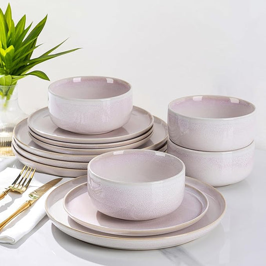 TheTerra Ceramic Dinnerware Sets for 4, 12 Pieces Handmade Reactive Glaze Plates and Bowls Set, Scratch Resistant Dish Set, Oven & Microwave & Dishwasher Safe, Primrose Pink
