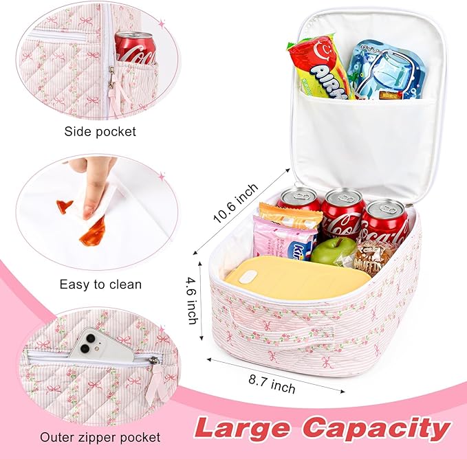 Aileam Lunch Box Lunch Bag for Women Cute Girls Insulated Womens Lunch Bag For Work Quilted Large Capacity Reusable Insulated Cooler for Work Picnic Travel Pink Bow Flower