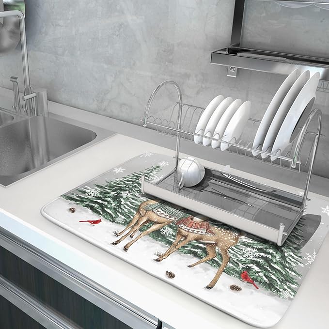 Winter Deer Dish Drying Mat Pine Tree Absorbent Dish Dry Pad Seasonal Microfiber Dish Drainer Mats for Kitchen Counter Coffee Bar 18x24 in