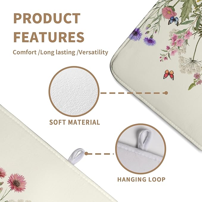 Spring Dish Drying Mat Summer Floral Flowers Kitchen Dish Drying Pad Absorbent Dish Dryer Mat for Kitchen Countertops Microfiber Dishes Drainer Pad Dish Drying Rack Mat (18x24 in)