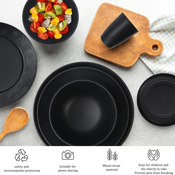 Wheat Straw Dishes Set 40 PCS,Service for 8,Unbreakable and Ruseable Plastic Dinnerware Sets,Dessert Plates,Drinking Glasses,Dishwasher & Microwave Safe Dinner Plates for Kitchen,Camping,Dorm（Black）