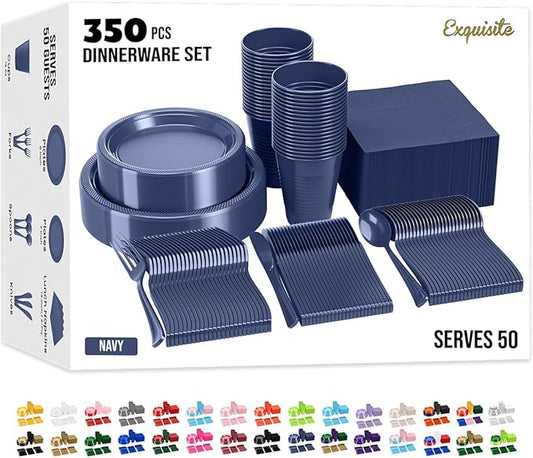 Party Solids 350 Pieces Navy Plastic Plates For Party, Navy Disposable Plates Set, 50 Of Each 9" Dinner Plate Set, 7" Dessert Plate, Cups, Napkins & Cutlery Plastic Dinnerware