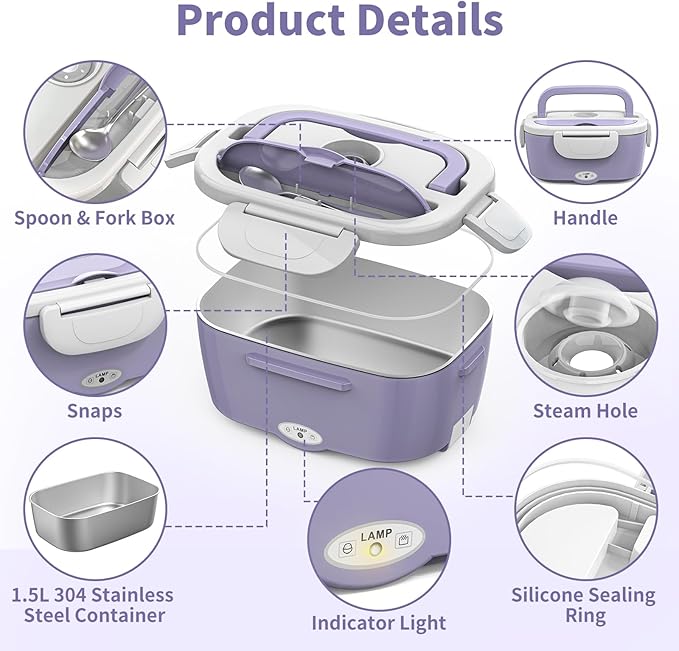 Vingud Electric Lunch Box for Adults, 80W Heated Lunch Box with 2 Stainless Steel Container, 1.5L Portable Food Warmer Lunch Boxes for Work Men Car Truck, 110V/12V/24V/240V (Light Purple)