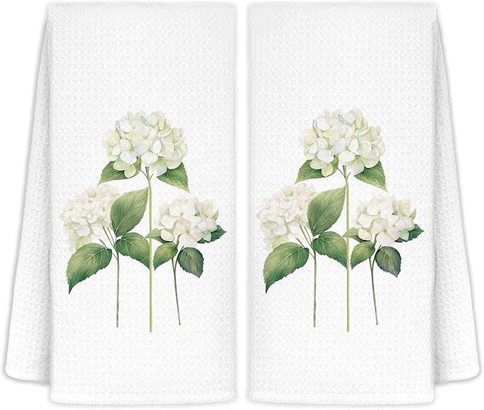 White Hydrangea Flowers Floral Kitchen Towels Set of 2 - Flowers Decorative Hand Towels for Bathroom, White Hydrangea Decor Dish Towels for Kitchen, Floral Hand Towels, 16x24