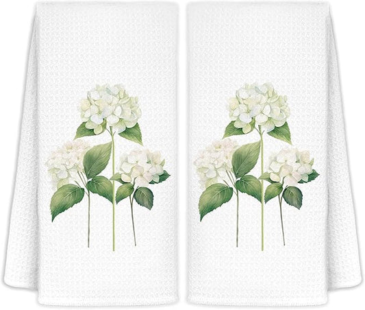 White Hydrangea Flowers Floral Kitchen Towels Set of 2 - Flowers Decorative Hand Towels for Bathroom, White Hydrangea Decor Dish Towels for Kitchen, Floral Hand Towels, 16x24