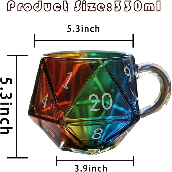Rainbow D20 Dice Mug with Handle, Polyhedral Dice-Shaped Glass Coffee Cup for RPG Enthusiasts, Transparent Gaming Mug for Fantasy Lovers, Perfect Game Night Gift