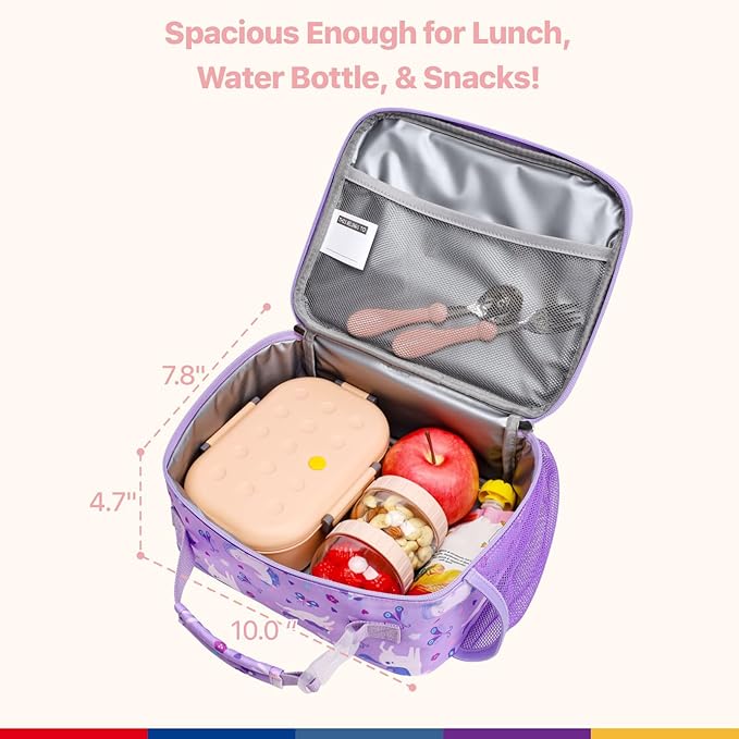 Bagseri Lunch Bag for Girls - Kids Lunch Box for Girls Reusable Leak-Proof and Insulated Kids Lunch Bag Toddler Lunch Box for Daycare and School, Glitter Purple Unicorn (Water Bottle Not Included)