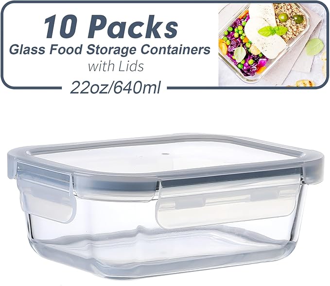 BAYZZ Glass Meal Prep Containers, 10 Packs 22 oz Glass Food Storage Containers with Lids, Airtight Lunch Box, Microwave,Freezer,Dishwasher Safe