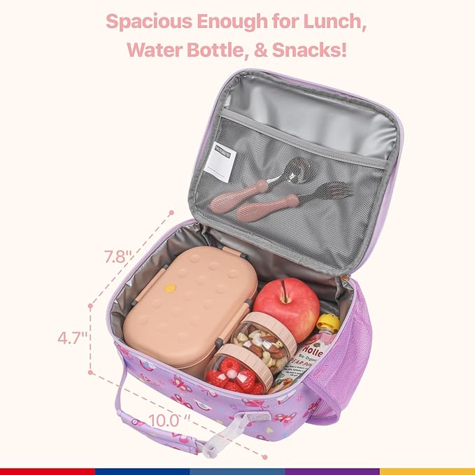 Bagseri Kids Lunch Bag for Girls - Insulated Kids Lunch Box for Daycare and School Reusable Meal Tote Bag with Water Bottle Holder, Easy-Clean Water-Resistant Fabric, Purple Butterfly