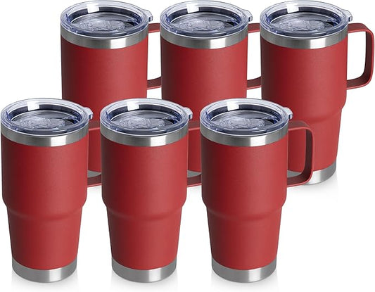 20oz Tumbler Bulk with Lid, Stainless Steel Tumbler Bulk with Handle, Metal Insulated Travel Coffee Mug Set with Handle, Double Wall Vacuum Leak Proof Tumbler Cup, Red 6 Pack