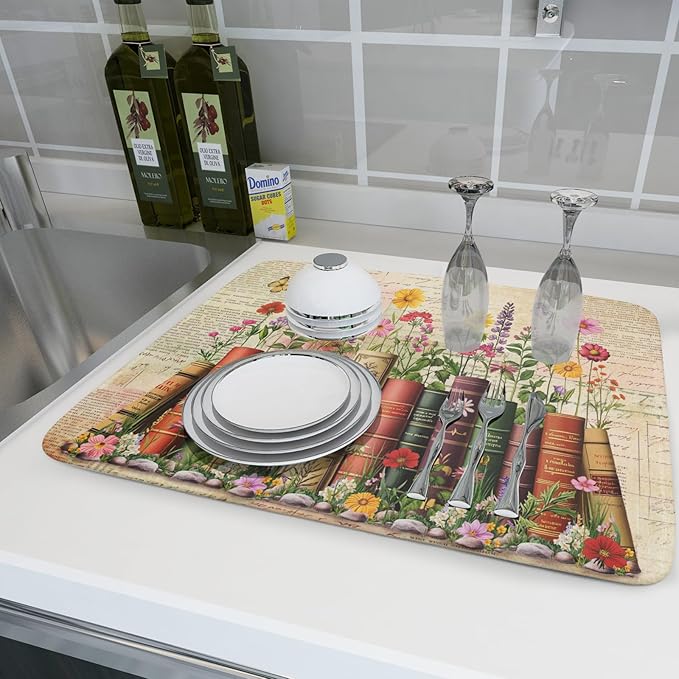 Vintage Books Dish Drying Mat - Retro Flower Kitchen Countertop Cloth Pad 18 x 24 In