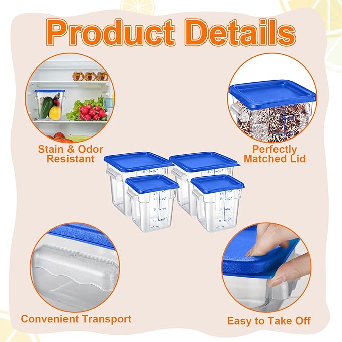 Suclain 8 Pack 4 QT and 6 QT Food Storage Containers with Lids Scales Handles Square Clear Restaurant Food Storage Containers Polycarbonate Commercial Grade for Kitchen Marinating Meat Dough(Blue)