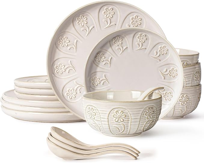 Artena Plates And Bowls Sets, 16 Pieces Dinnerware Sets, Dish Set For 4, Ceramic Kitchen Bowl And Plate Set, Embossed White Dishware Sets, Dishwasher & Microwave Safe (Pinwheel Flower)