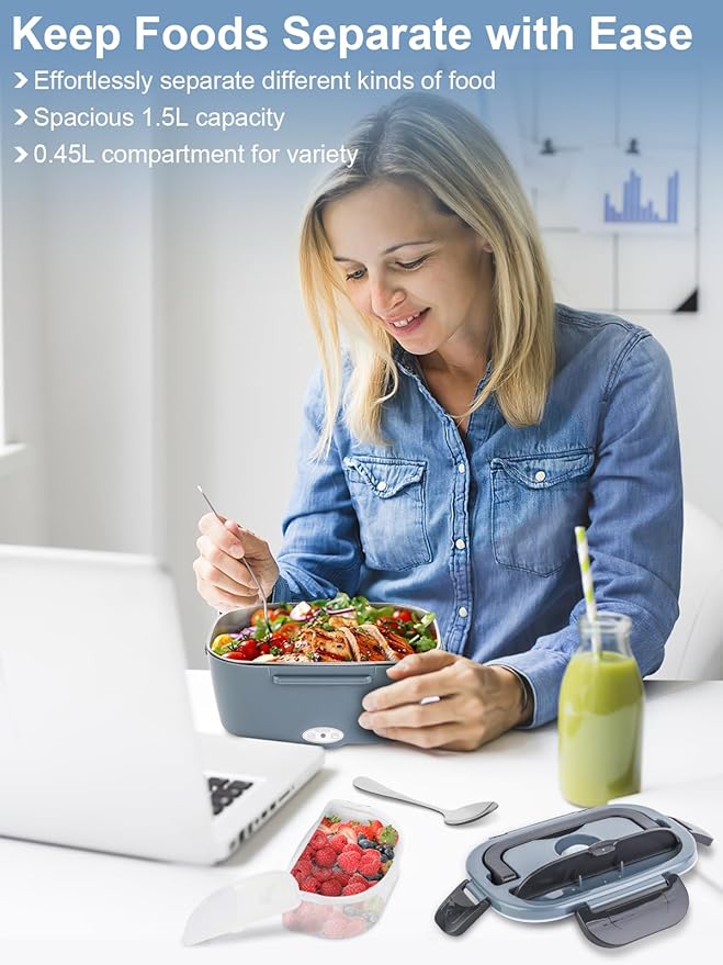 80W Electric Lunch Box for Adults, 1.5L Stainless Steel Food Warmer Lunch Box, 12V/24V/110V Portable Heated Lunch Box for Car/Truck/Office, Leak-Proof, Dishwasher-Safe with Insulated Bag(Blue)