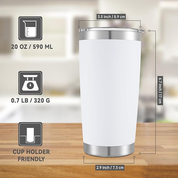 20 oz Tumblers Bulk Stainless Steel Tumbler with Lid Double Wall Vacuum Insulated Coffee Mug 20oz Powder Coated Cup for Hot and Cold Drinks, White, 12 pack