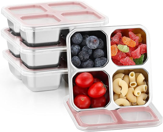 BEFOY 4 Pack Stainless Steel Snack Containers with Lids 4 Compartment Food Storage Containers for Adults Meal Prep Reusable for work or going out.(pink, 4)
