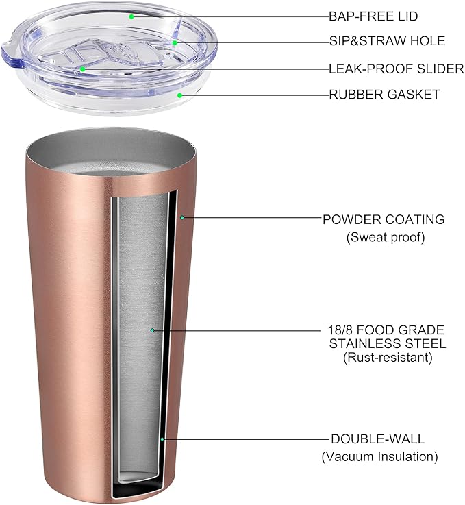 VEGOND 20oz Tumbler Bulk with Lid and Straw 12 Pack, Stainless Steel Vacuum Insulated Tumbler, Double Wall Coffee Cup Travel Mug, Rose Gold