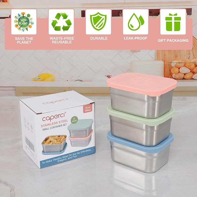 Caperci 3-Pack Stainless Steel Snack Containers with Silicone Lids - 10oz Reusable Small Food Storage Containers for Snacks & Deli Foods, Leak-Proof, Easy Open & BPA-Free (290ML)