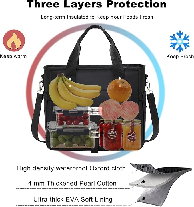Weitars Insulated Lunch Bag for Men Women,Leak Proof Lunch Box for Work,Extra Large Lunch Tote Bag With Removable Shoulder Strap with Side Pockets,Reusable Lunch Cooler Purse For Picnic Hiking