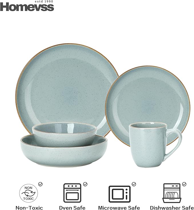 Eur-Nordic Shape Raising Rim 20pc Dinnerware Set, Shiny Glaze Grey with Speckle Effect