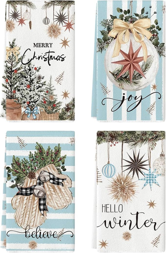 Artoid Mode Blue Xmas Tree Merry Christmas Kitchen Towels Dish Towels, 18x26 Inch Holiday Gloves Ball Hello Winter Decoration Hand Towels Set of 4