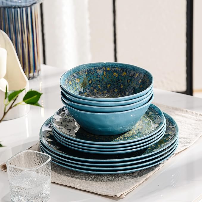 FINE&NICE Melamine Dinnerware Set of 12Pcs, Dish Set for 4, Lightweight Unbreakable Plates and Bowls Set, Great for RVs Camping, Dishwasher Safe,Rusty Blue