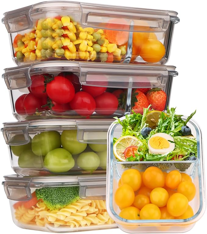 5 Pcs 35oz Glass Food Prep Containers with Airtight Lids,Bento Boxes for Lunch, 2 Compartment Lunch Box,Glass Storage Containers with Lids - Light Gray