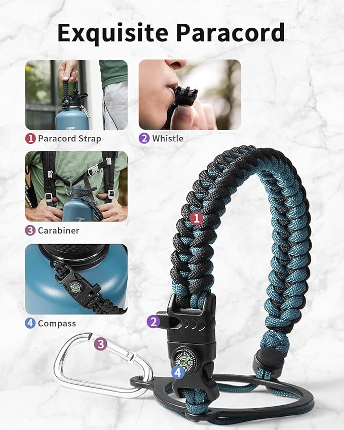 Trebo Water Bottle Insulation 87 oz, Vacuum Stainless Steel Water Jug (Keep Cold for 48 Hrs), LeakProof & Non-BPA, Water Flask with Paracord Handle & Straw Spout Lids, Indigo/Black