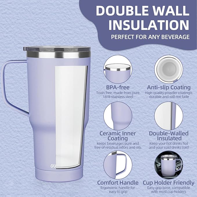 20 oz Insulated Coffee Mug with Ceramic Coating, Stainless Steel Travel Mug Tumbler with Handle Lid and Straw, Double Wall Leak-Proof Coffee Travel Mug Keeps Drink Hot and Cold (Light Purple)