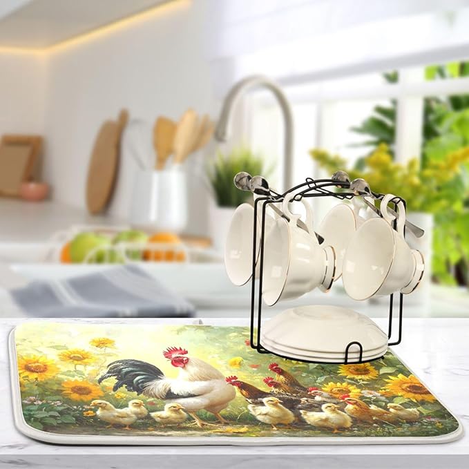 Chickens Pattern Dish Drying Mat for Kitchen Counter Super Absorbent Dishes Pad Reversible Microfiber Protector Dish Draining Mats 18x24 inch