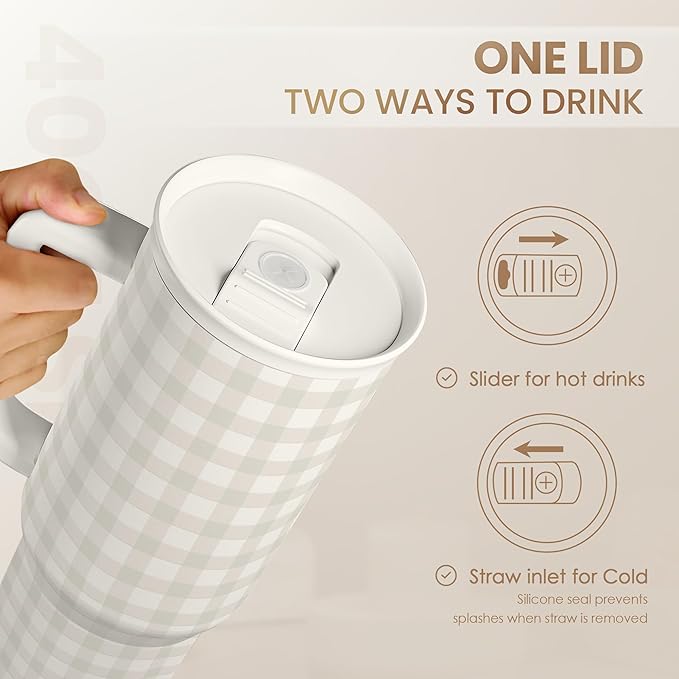 Grey Gingham 40oz Slider Tumbler with Handle and Straw - Insulated Stainless Steel Travel Coffee Mug for Women Girls, Gift for Birthday, Christmas