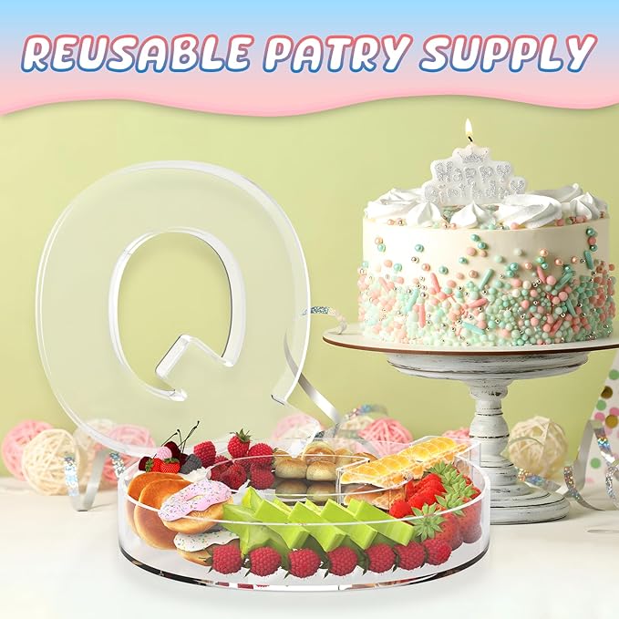 11" Acrylic Letter Charcuterie Box, Reusable Fillable Alphabet Number Shaped Form Tray for Birthday Anniversaries, Party Decorative Serving Plates Display Candy Cake (Q)