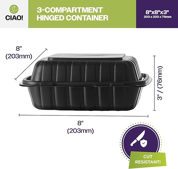 CIAO! 8"x8"X3" MFPP Black Hinged Container With Lid 3 Compartment (Case of 200)