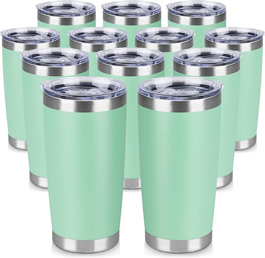 20 oz Tumbler Stainless Steel Tumblers Bulk with Lid Double Wall Insulated Coffee Tumbler Cups for Hot & Cold Drinks Powder Coated Travel Coffee Tumbler Mug Metal (Jade, 12 pack)
