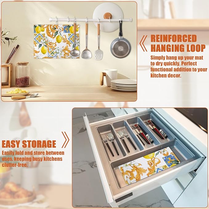 Watercolor Lemon Dish Drying Mat for Kitchen Counter Microfiber Absorbent Dish Kitchen Drying Mat Draining Reusable Washable for Dishes/Utensils/Counterto